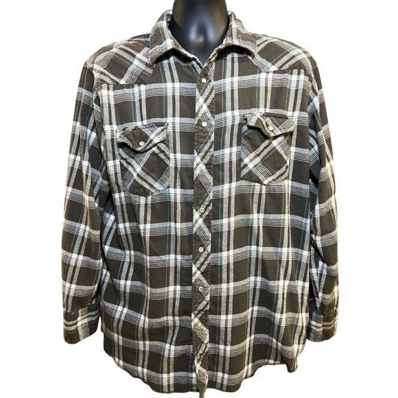 Wrangler Flannel Men’s XL Brown & Green Plaid With Pearl‎ Snaps Western Rodeo - Picture 1 of 11